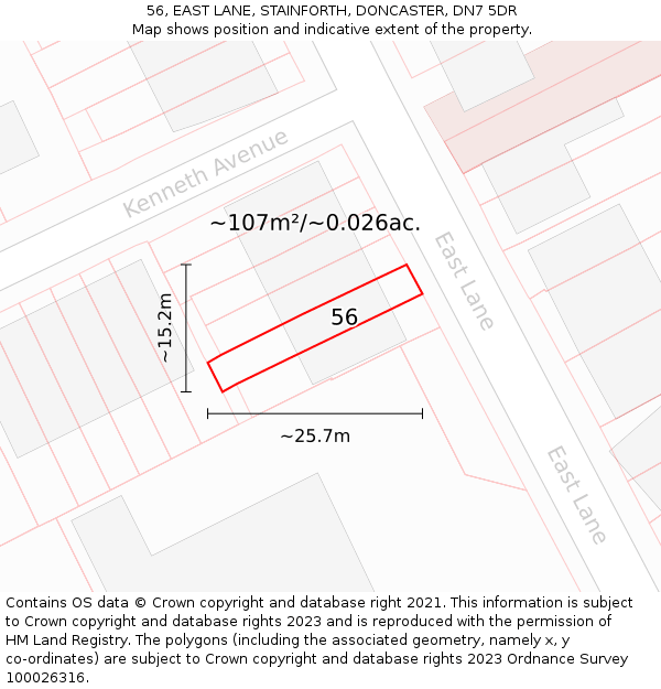 56, EAST LANE, STAINFORTH, DONCASTER, DN7 5DR: Plot and title map