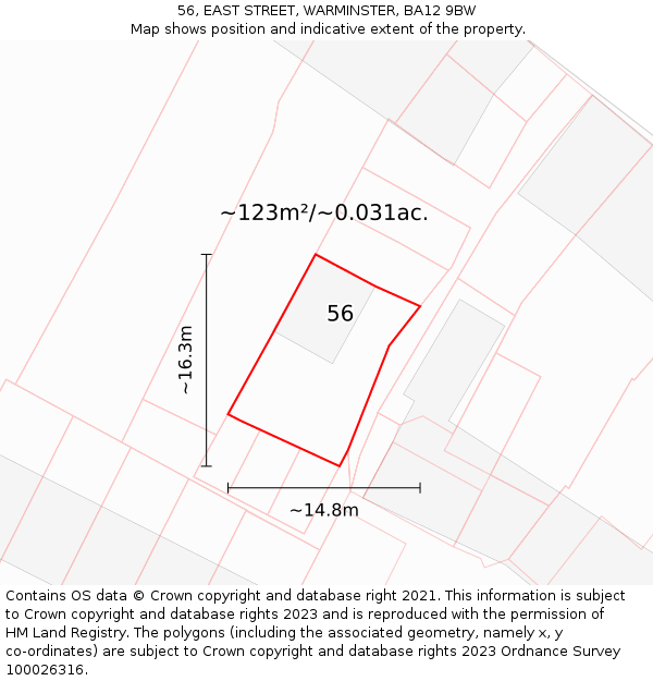 56, EAST STREET, WARMINSTER, BA12 9BW: Plot and title map