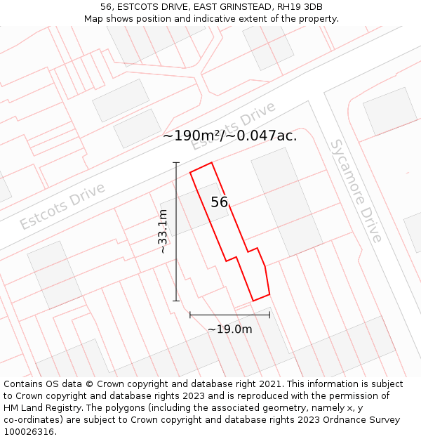 56, ESTCOTS DRIVE, EAST GRINSTEAD, RH19 3DB: Plot and title map