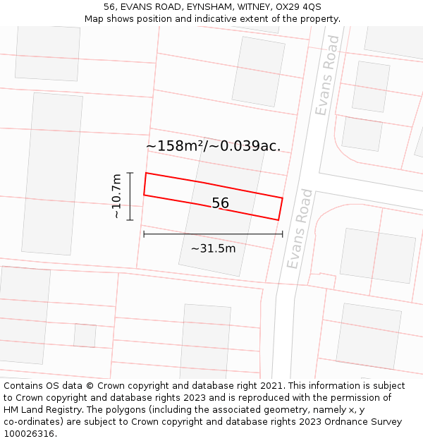 56, EVANS ROAD, EYNSHAM, WITNEY, OX29 4QS: Plot and title map