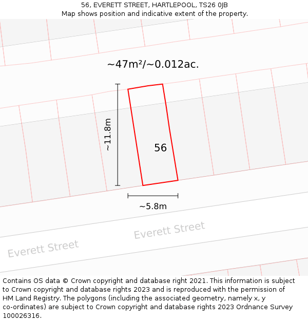 56, EVERETT STREET, HARTLEPOOL, TS26 0JB: Plot and title map