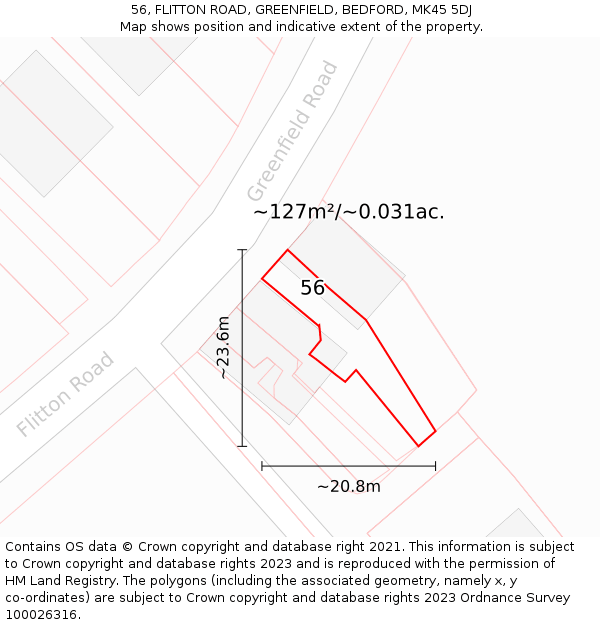 56, FLITTON ROAD, GREENFIELD, BEDFORD, MK45 5DJ: Plot and title map