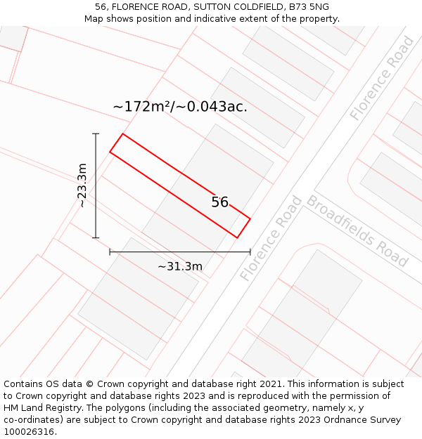 56, FLORENCE ROAD, SUTTON COLDFIELD, B73 5NG: Plot and title map