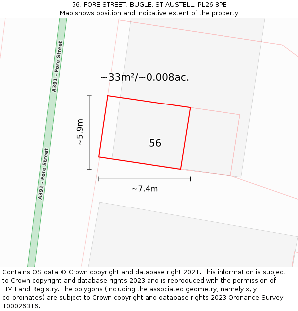 56, FORE STREET, BUGLE, ST AUSTELL, PL26 8PE: Plot and title map