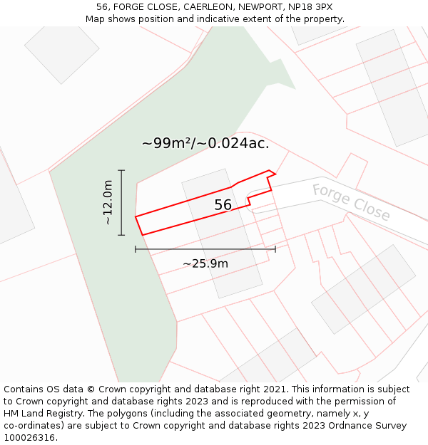 56, FORGE CLOSE, CAERLEON, NEWPORT, NP18 3PX: Plot and title map