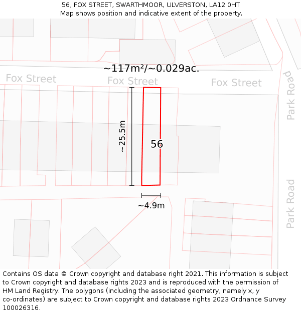56, FOX STREET, SWARTHMOOR, ULVERSTON, LA12 0HT: Plot and title map