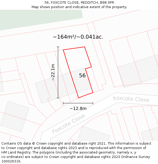 56, FOXCOTE CLOSE, REDDITCH, B98 0PR: Plot and title map