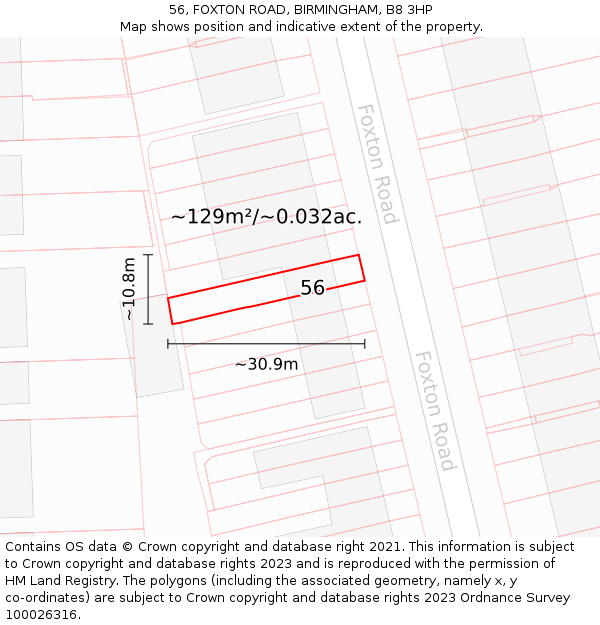 56, FOXTON ROAD, BIRMINGHAM, B8 3HP: Plot and title map