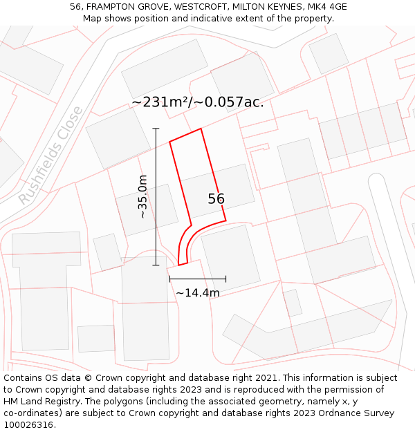 56, FRAMPTON GROVE, WESTCROFT, MILTON KEYNES, MK4 4GE: Plot and title map
