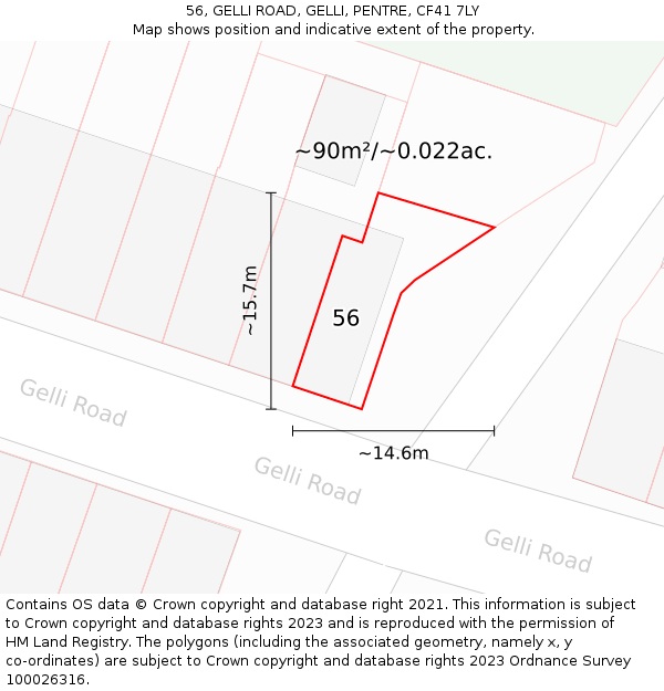 56, GELLI ROAD, GELLI, PENTRE, CF41 7LY: Plot and title map