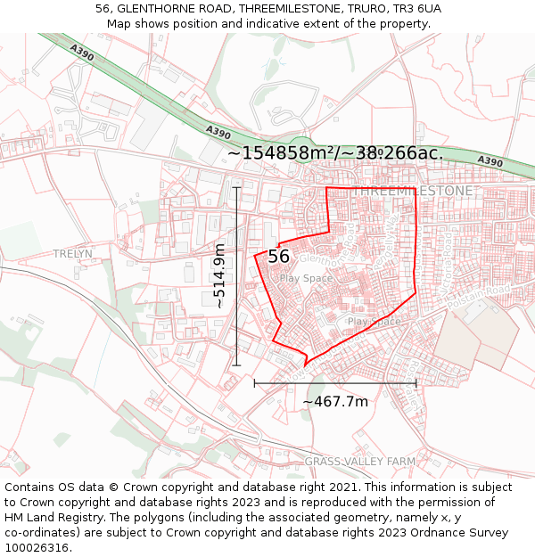 56, GLENTHORNE ROAD, THREEMILESTONE, TRURO, TR3 6UA: Plot and title map