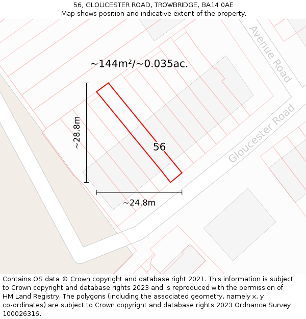 56, GLOUCESTER ROAD, TROWBRIDGE, BA14 0AE: Plot and title map