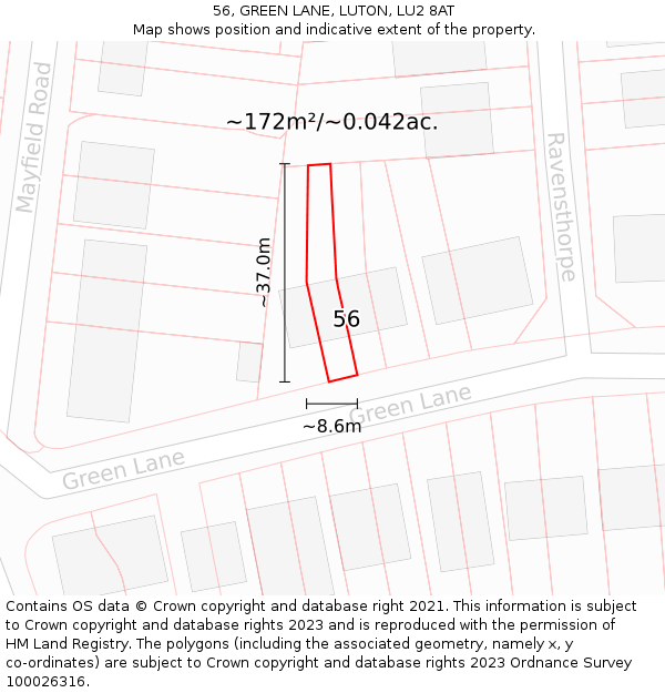 56, GREEN LANE, LUTON, LU2 8AT: Plot and title map