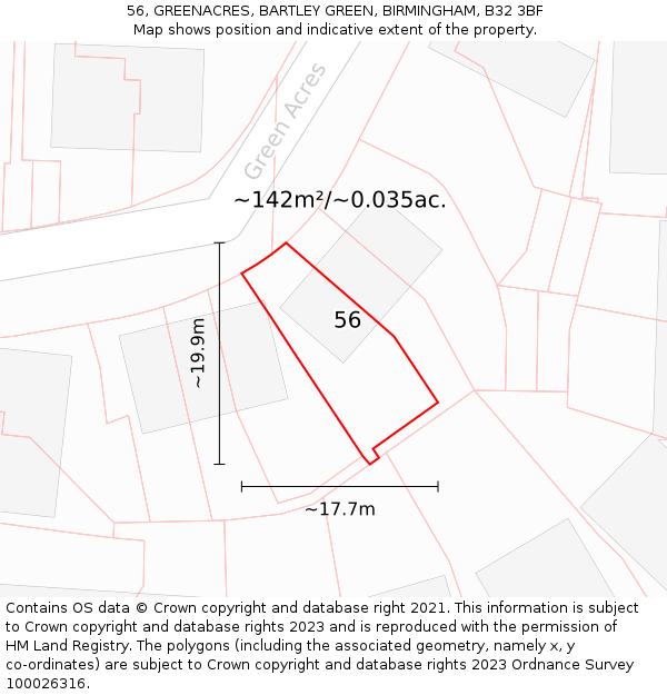 56, GREENACRES, BARTLEY GREEN, BIRMINGHAM, B32 3BF: Plot and title map