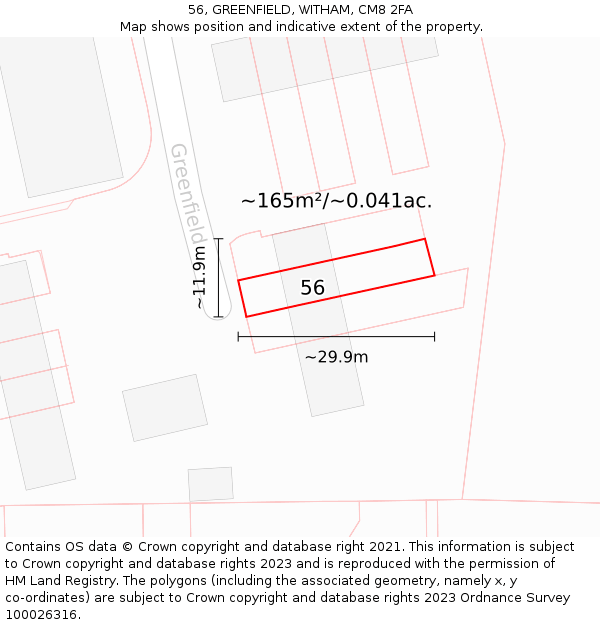56, GREENFIELD, WITHAM, CM8 2FA: Plot and title map