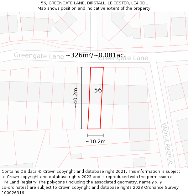56, GREENGATE LANE, BIRSTALL, LEICESTER, LE4 3DL: Plot and title map