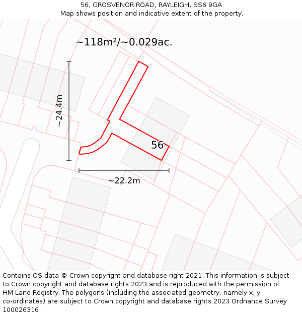 56, GROSVENOR ROAD, RAYLEIGH, SS6 9GA: Plot and title map