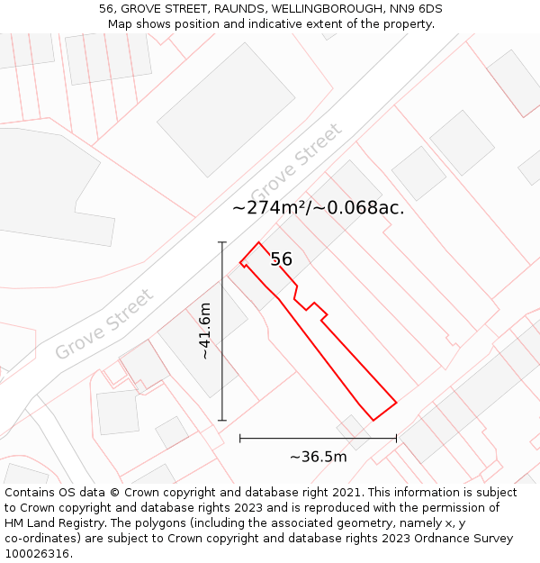 56, GROVE STREET, RAUNDS, WELLINGBOROUGH, NN9 6DS: Plot and title map