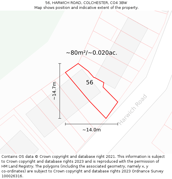 56, HARWICH ROAD, COLCHESTER, CO4 3BW: Plot and title map