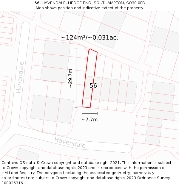 56, HAVENDALE, HEDGE END, SOUTHAMPTON, SO30 0FD: Plot and title map