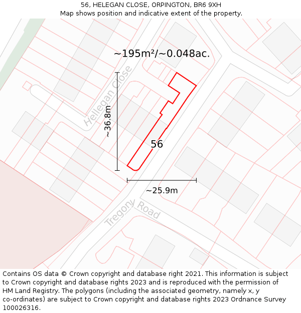 56, HELEGAN CLOSE, ORPINGTON, BR6 9XH: Plot and title map