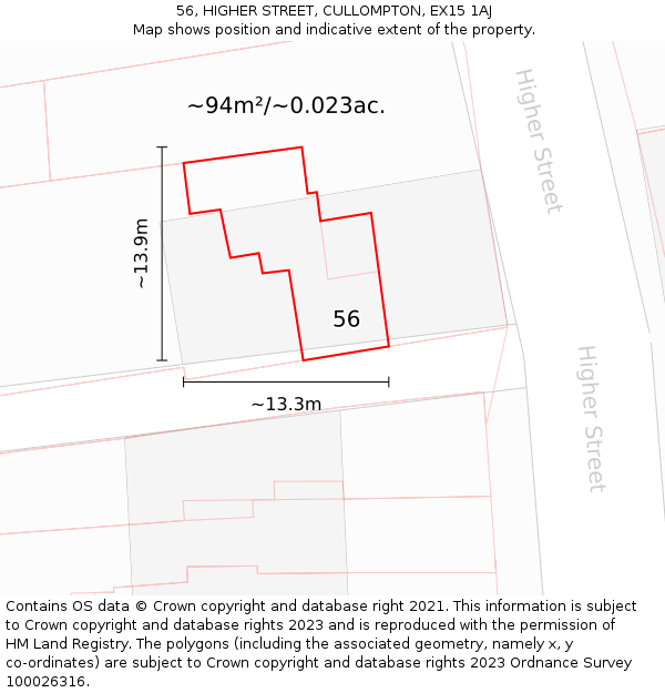 56, HIGHER STREET, CULLOMPTON, EX15 1AJ: Plot and title map