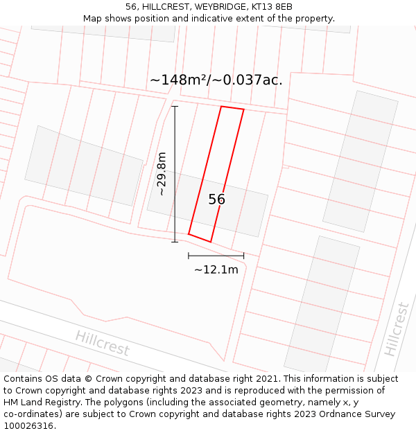 56, HILLCREST, WEYBRIDGE, KT13 8EB: Plot and title map