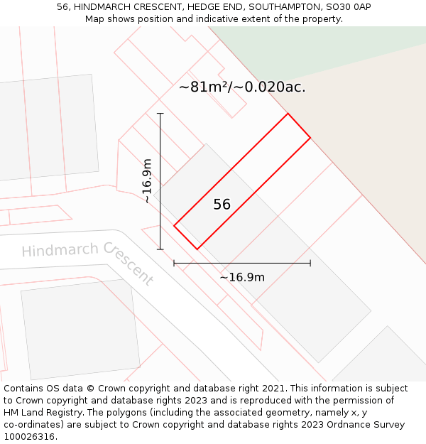 56, HINDMARCH CRESCENT, HEDGE END, SOUTHAMPTON, SO30 0AP: Plot and title map