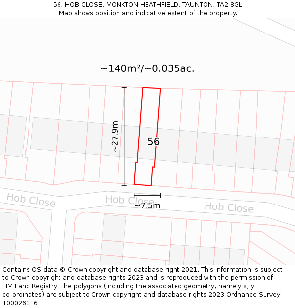 56, HOB CLOSE, MONKTON HEATHFIELD, TAUNTON, TA2 8GL: Plot and title map