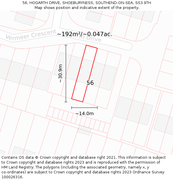 56, HOGARTH DRIVE, SHOEBURYNESS, SOUTHEND-ON-SEA, SS3 9TH: Plot and title map