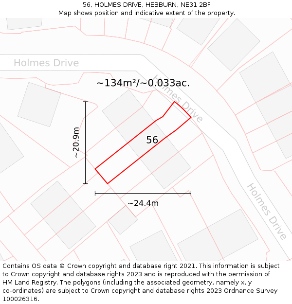 56, HOLMES DRIVE, HEBBURN, NE31 2BF: Plot and title map