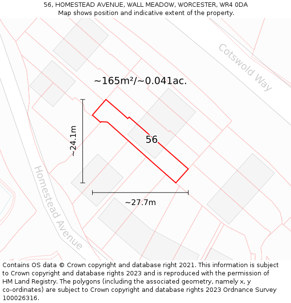 56, HOMESTEAD AVENUE, WALL MEADOW, WORCESTER, WR4 0DA: Plot and title map