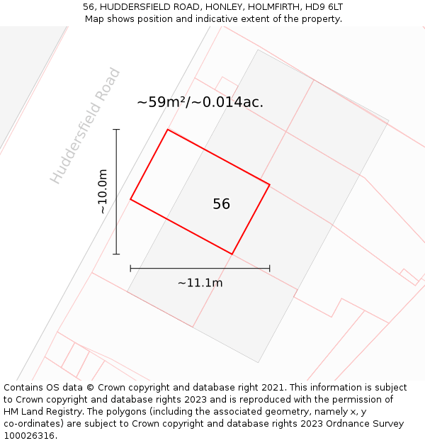 56, HUDDERSFIELD ROAD, HONLEY, HOLMFIRTH, HD9 6LT: Plot and title map