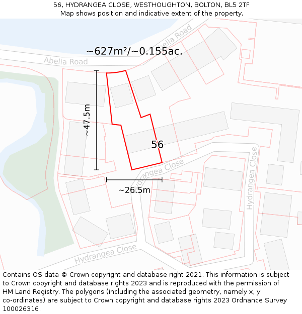 56, HYDRANGEA CLOSE, WESTHOUGHTON, BOLTON, BL5 2TF: Plot and title map