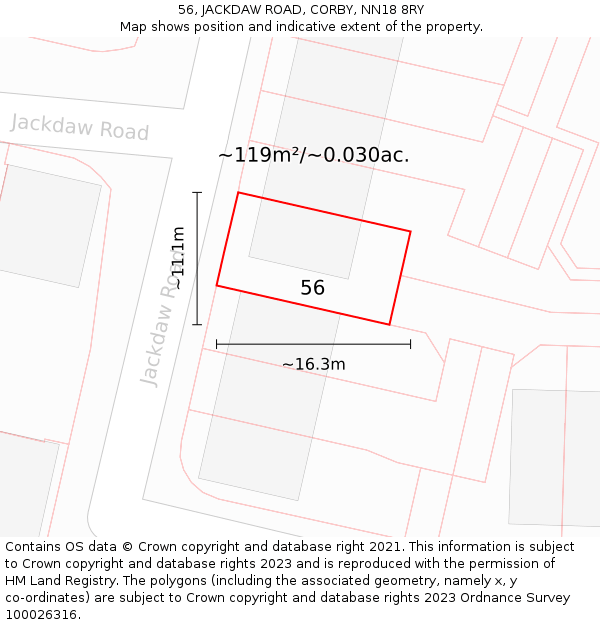 56, JACKDAW ROAD, CORBY, NN18 8RY: Plot and title map