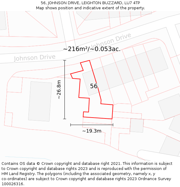 56, JOHNSON DRIVE, LEIGHTON BUZZARD, LU7 4TP: Plot and title map