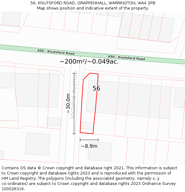 56, KNUTSFORD ROAD, GRAPPENHALL, WARRINGTON, WA4 2PB: Plot and title map