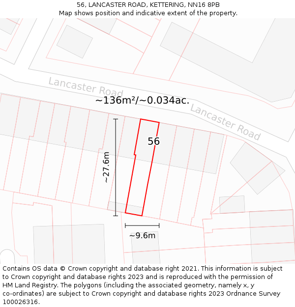 56, LANCASTER ROAD, KETTERING, NN16 8PB: Plot and title map