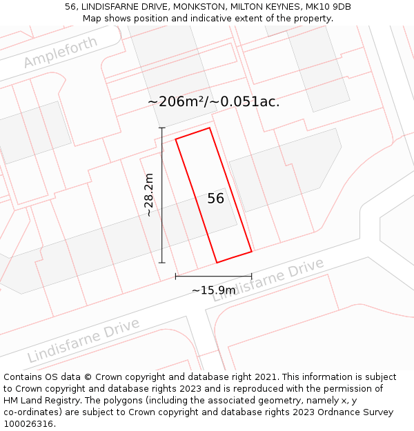 56, LINDISFARNE DRIVE, MONKSTON, MILTON KEYNES, MK10 9DB: Plot and title map