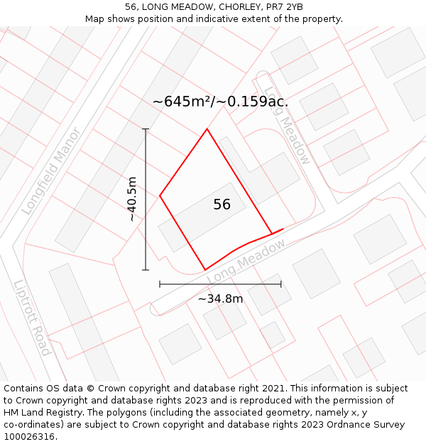 56, LONG MEADOW, CHORLEY, PR7 2YB: Plot and title map