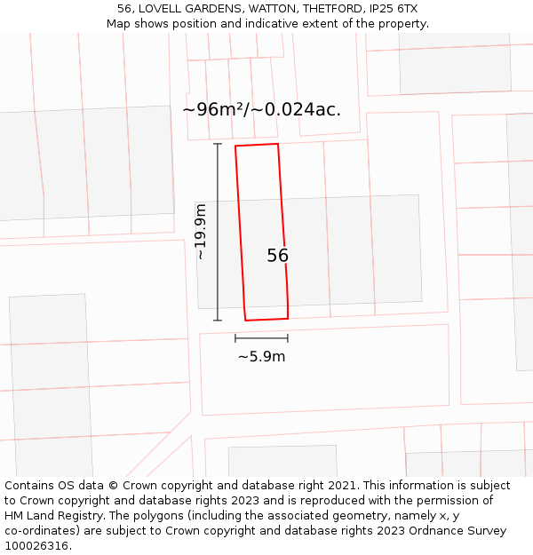 56, LOVELL GARDENS, WATTON, THETFORD, IP25 6TX: Plot and title map