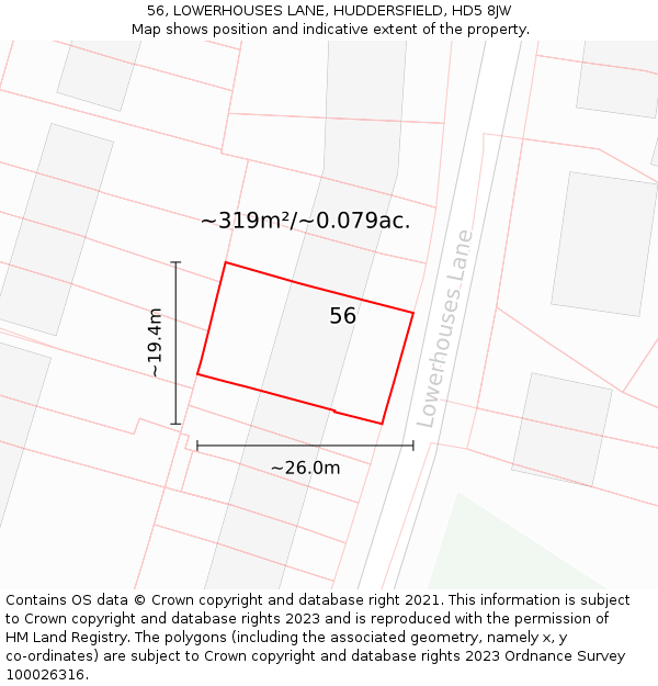 56, LOWERHOUSES LANE, HUDDERSFIELD, HD5 8JW: Plot and title map
