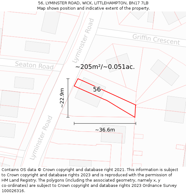 56, LYMINSTER ROAD, WICK, LITTLEHAMPTON, BN17 7LB: Plot and title map