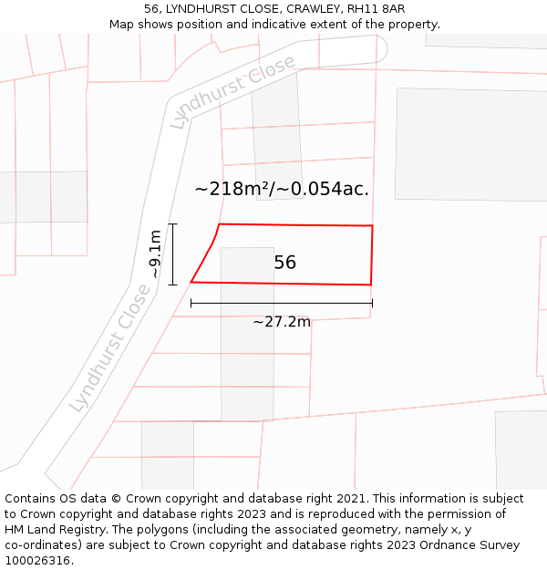 56, LYNDHURST CLOSE, CRAWLEY, RH11 8AR: Plot and title map