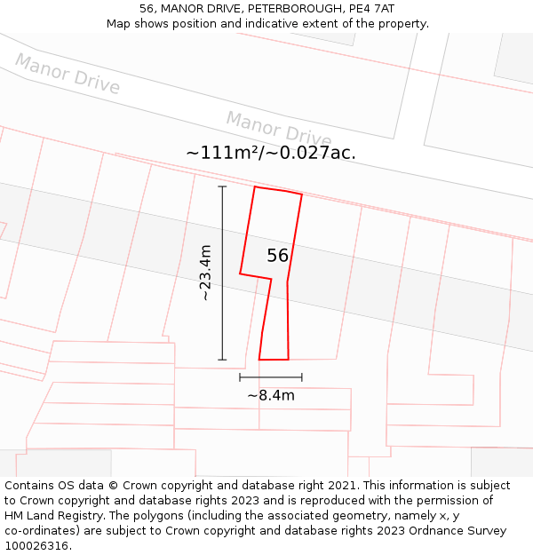 56, MANOR DRIVE, PETERBOROUGH, PE4 7AT: Plot and title map