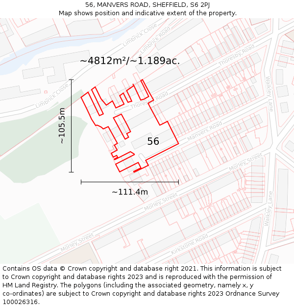 56, MANVERS ROAD, SHEFFIELD, S6 2PJ: Plot and title map