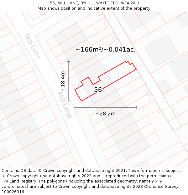 56, MILL LANE, RYHILL, WAKEFIELD, WF4 2AH: Plot and title map