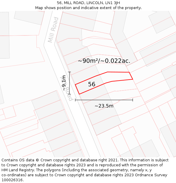 56, MILL ROAD, LINCOLN, LN1 3JH: Plot and title map