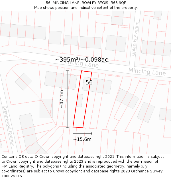 56, MINCING LANE, ROWLEY REGIS, B65 9QF: Plot and title map