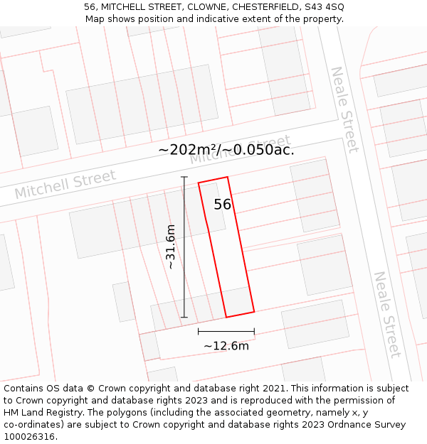 56, MITCHELL STREET, CLOWNE, CHESTERFIELD, S43 4SQ: Plot and title map